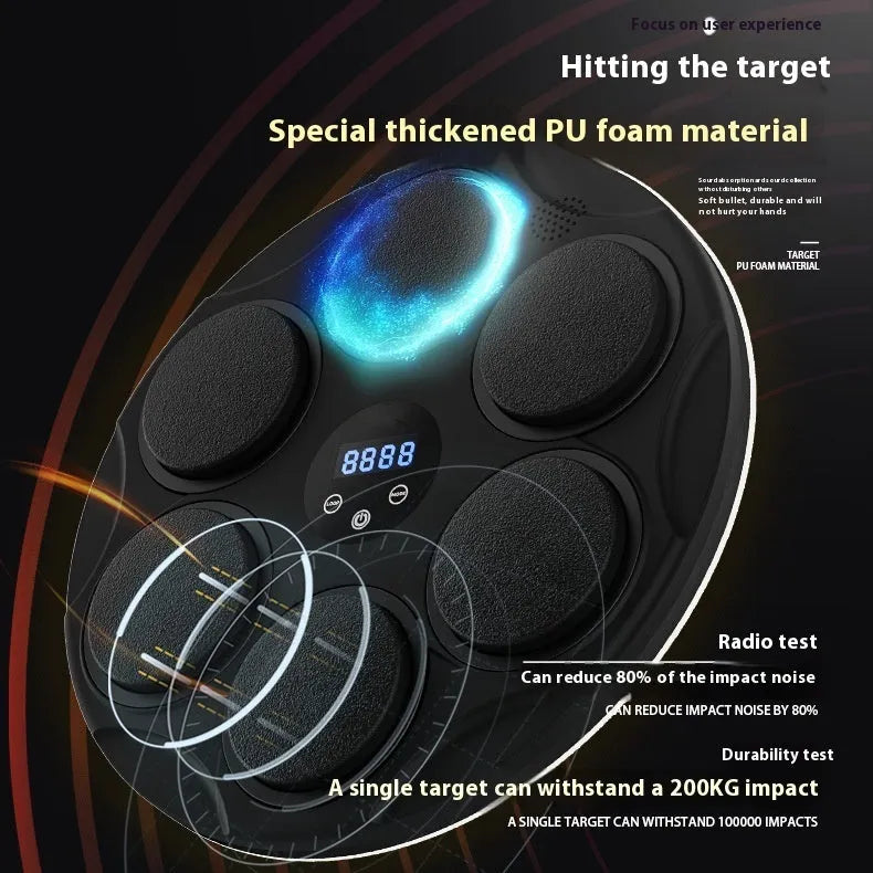 Smart Bluetooth boxing target with coloured lights on a black PU frame, hanging on a wall.