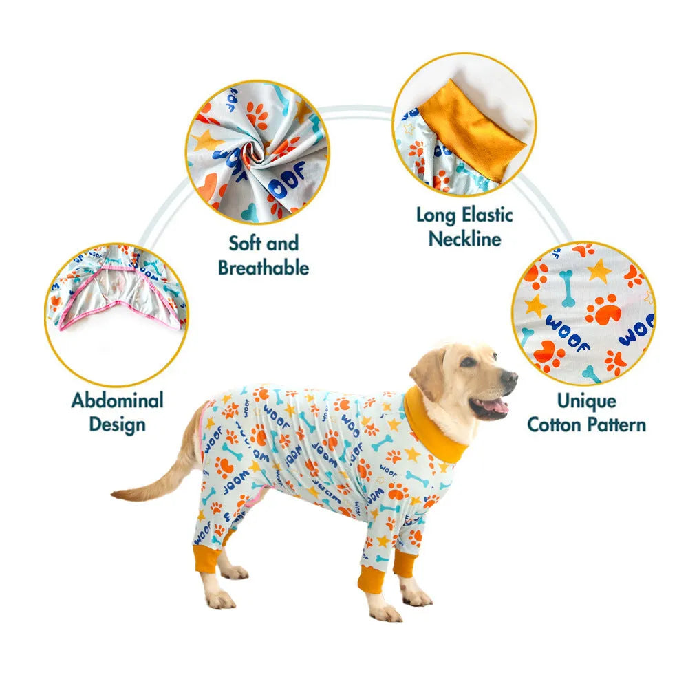 Cotton dog jumpsuit with four-legged coverage in multiple colour options