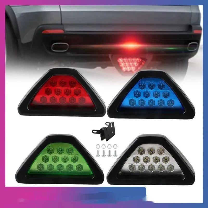 Universal triangular LED rear fog and brake warning light for cars and motorcycles
