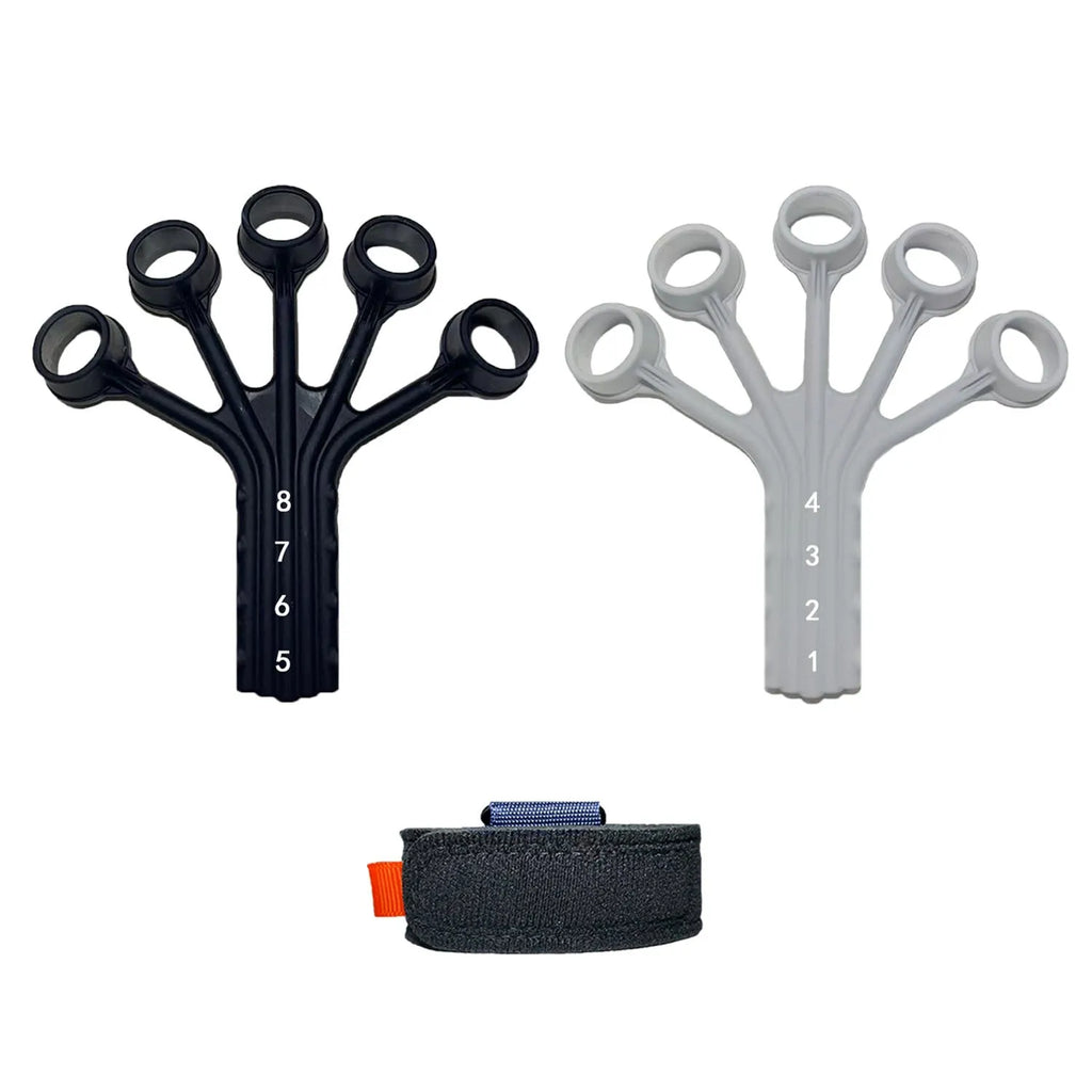 HLX silicone finger flexion and extension trainer with adjustable belt in black colour