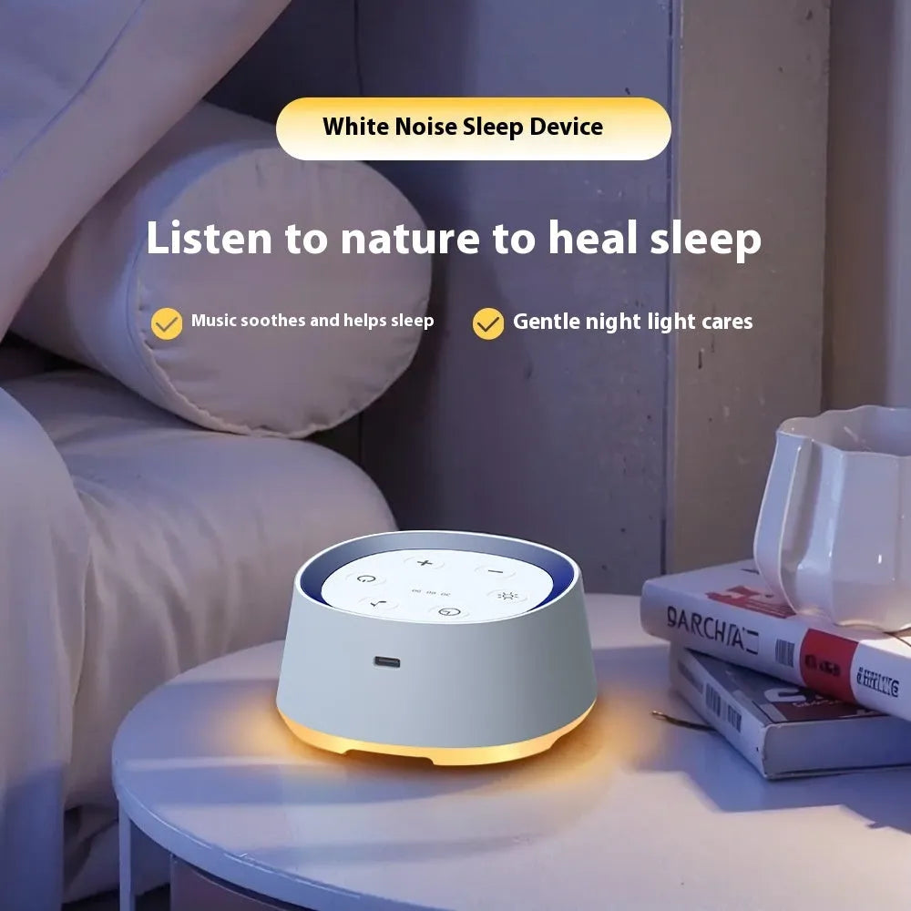 White rechargeable baby night light with 24 soothing music tracks, crying induction, and timing function.