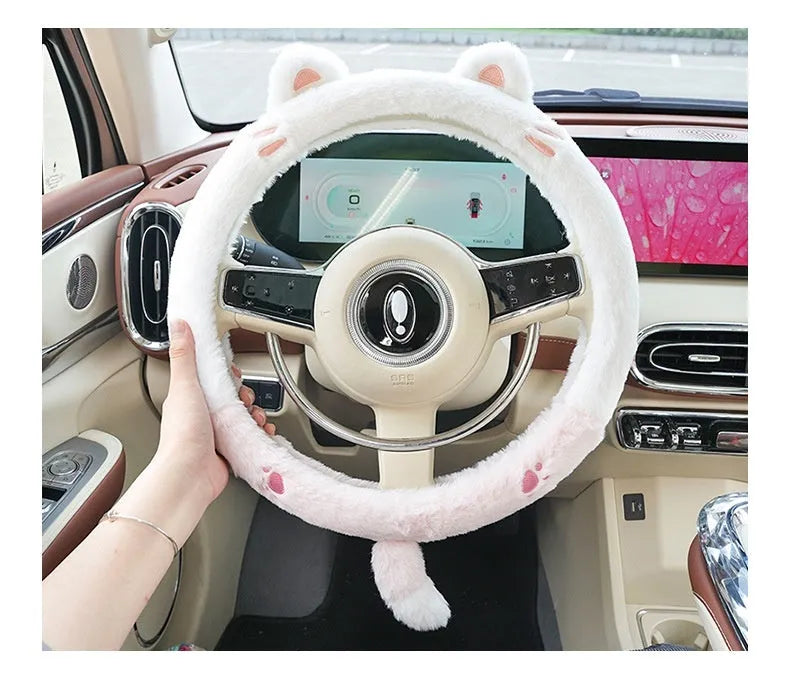Plush cartoon animal steering wheel cover with rabbit fur trim, fitted on a 38cm car steering wheel.