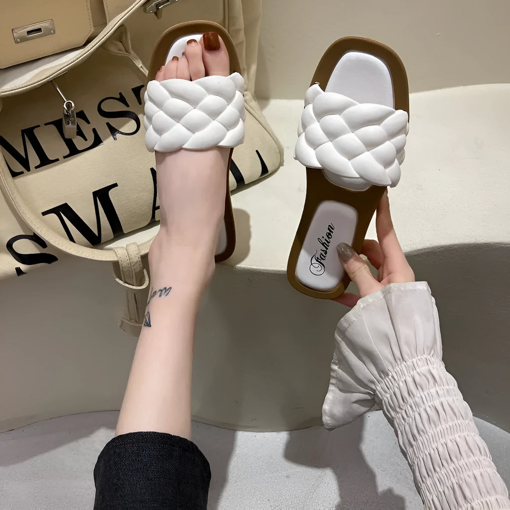 Women's plaid pattern beach sandals with thick PVC sole in white, green, black, or orange.