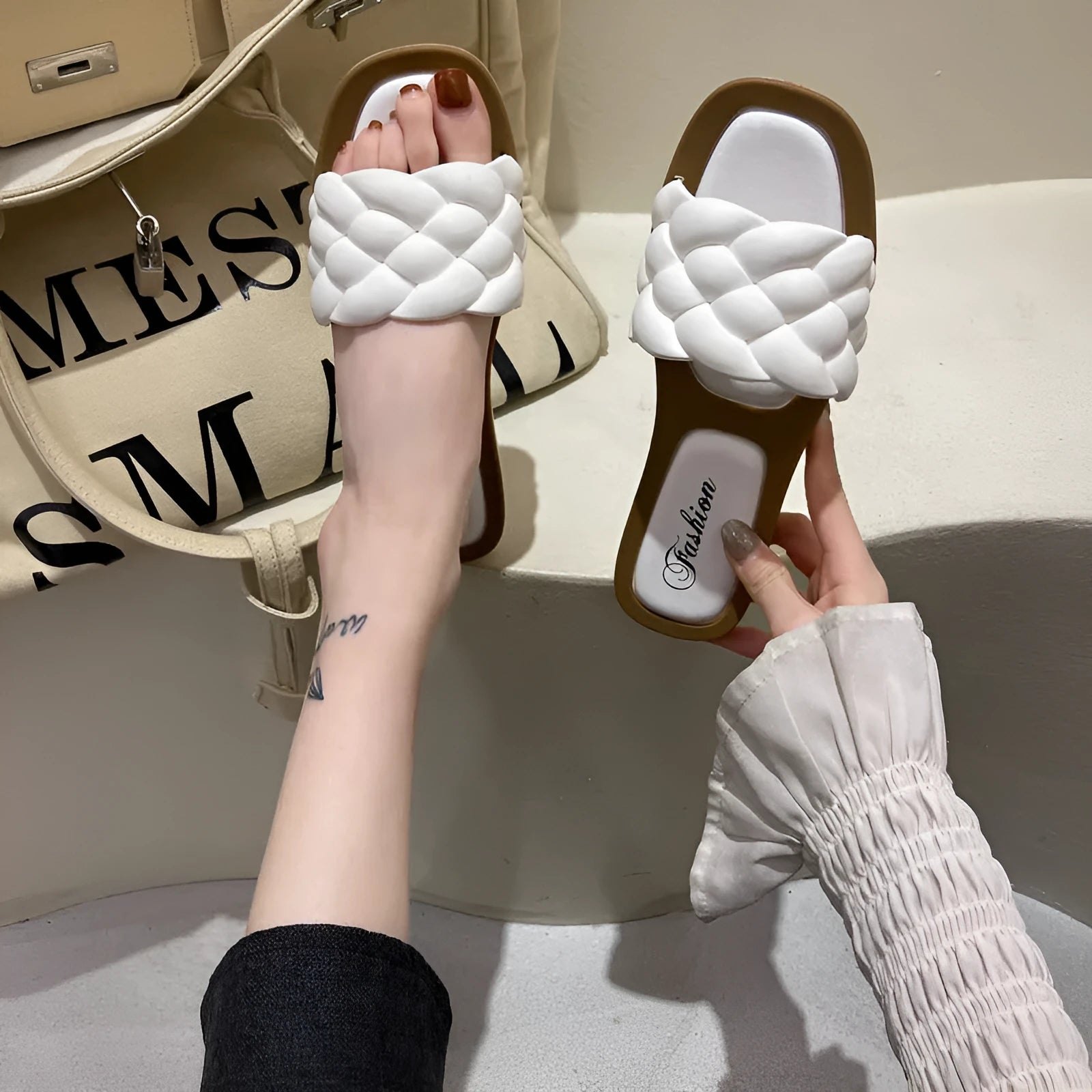 Women's plaid pattern beach sandals with thick PVC sole in white, green, black, or orange.