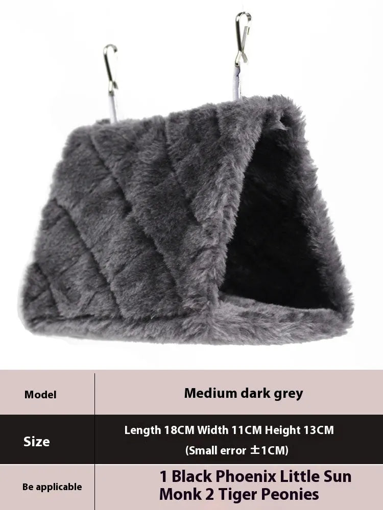 Four Seasons thermal insulation bird nest hammock for parrots in dark gray cotton fabric with stainless steel buckle