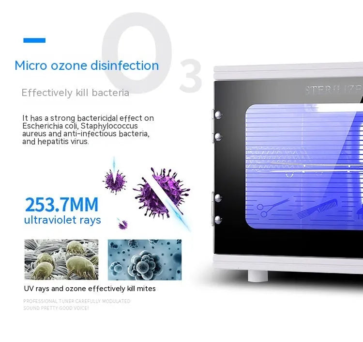 Small silver ultraviolet steriliser unit with a colour plate shell and stainless steel interior for salon tool disinfection.