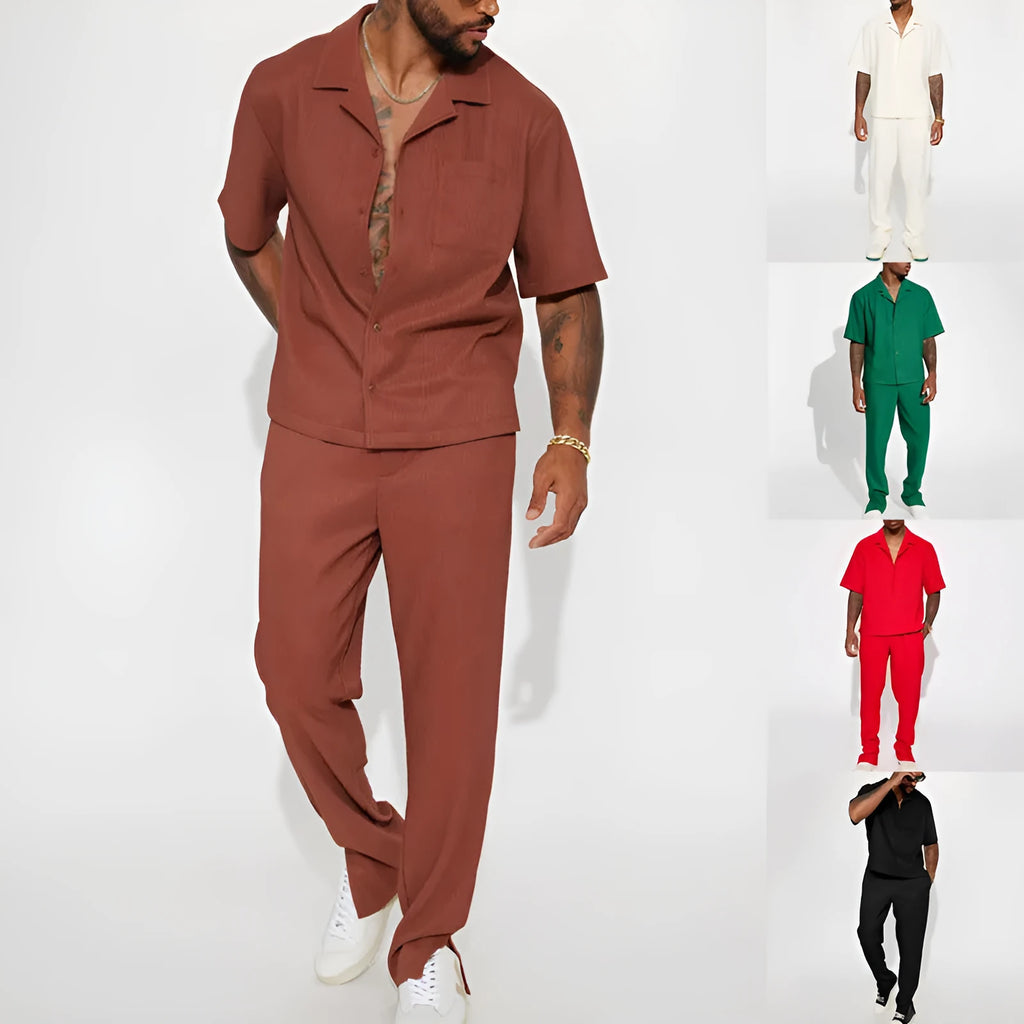 Men's loose lapel short-sleeved polyester suit set with matching trousers in black, brown, white, red
