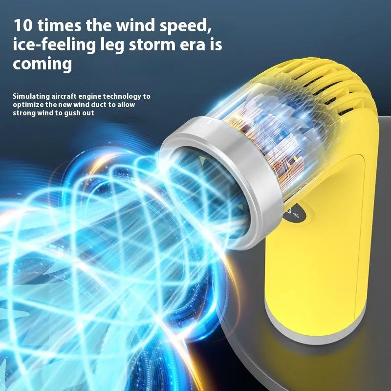 Colourful bladeless personal fan with a circular design on a table.