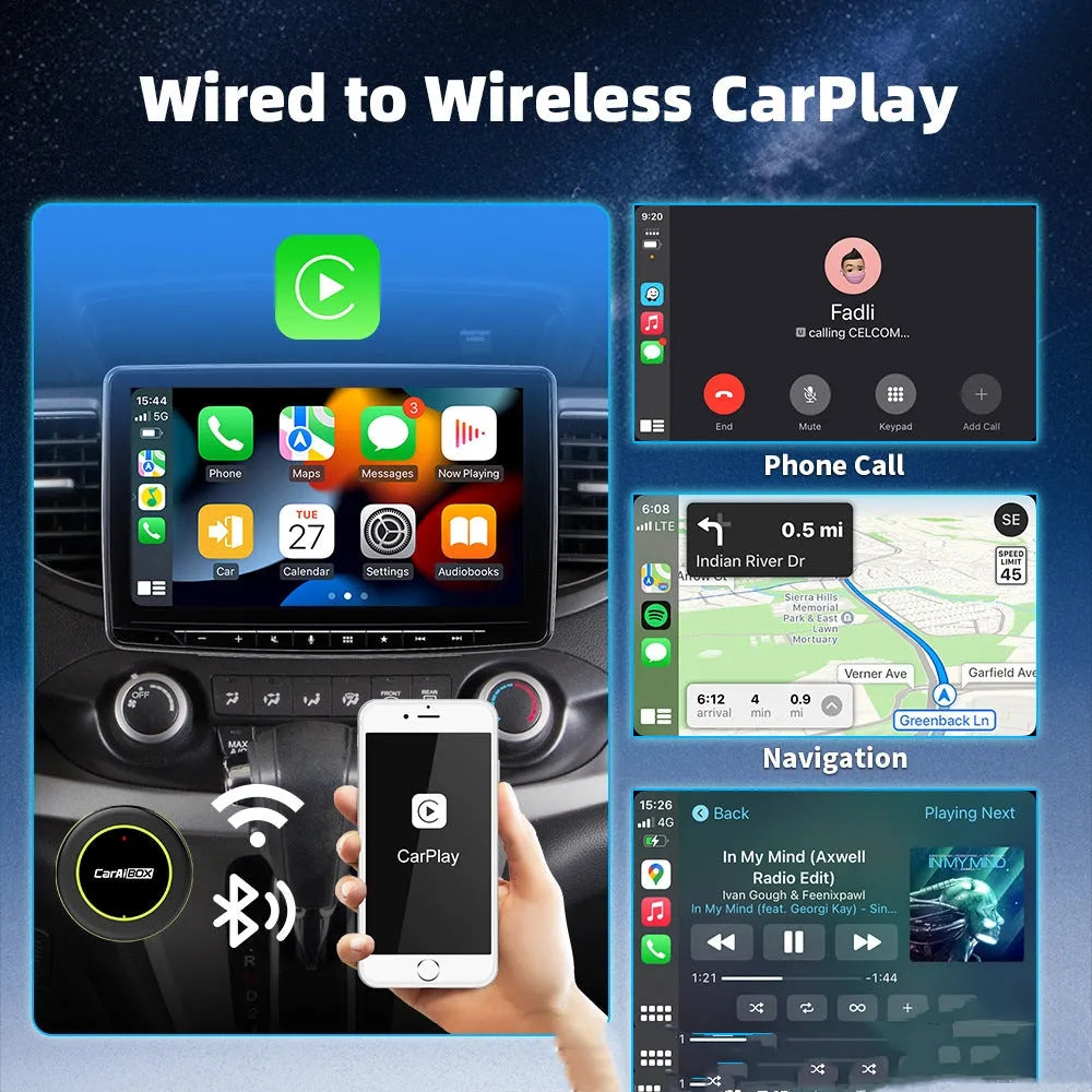 C6 black vehicle-mounted wireless adapter switching box with Type-C and USB interfaces, no screen, single or two-in-one style