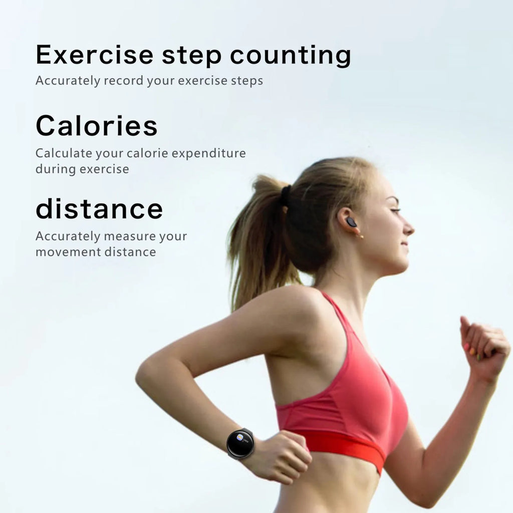 Black smart bracelet with detachable wireless earphones showing colour screen display