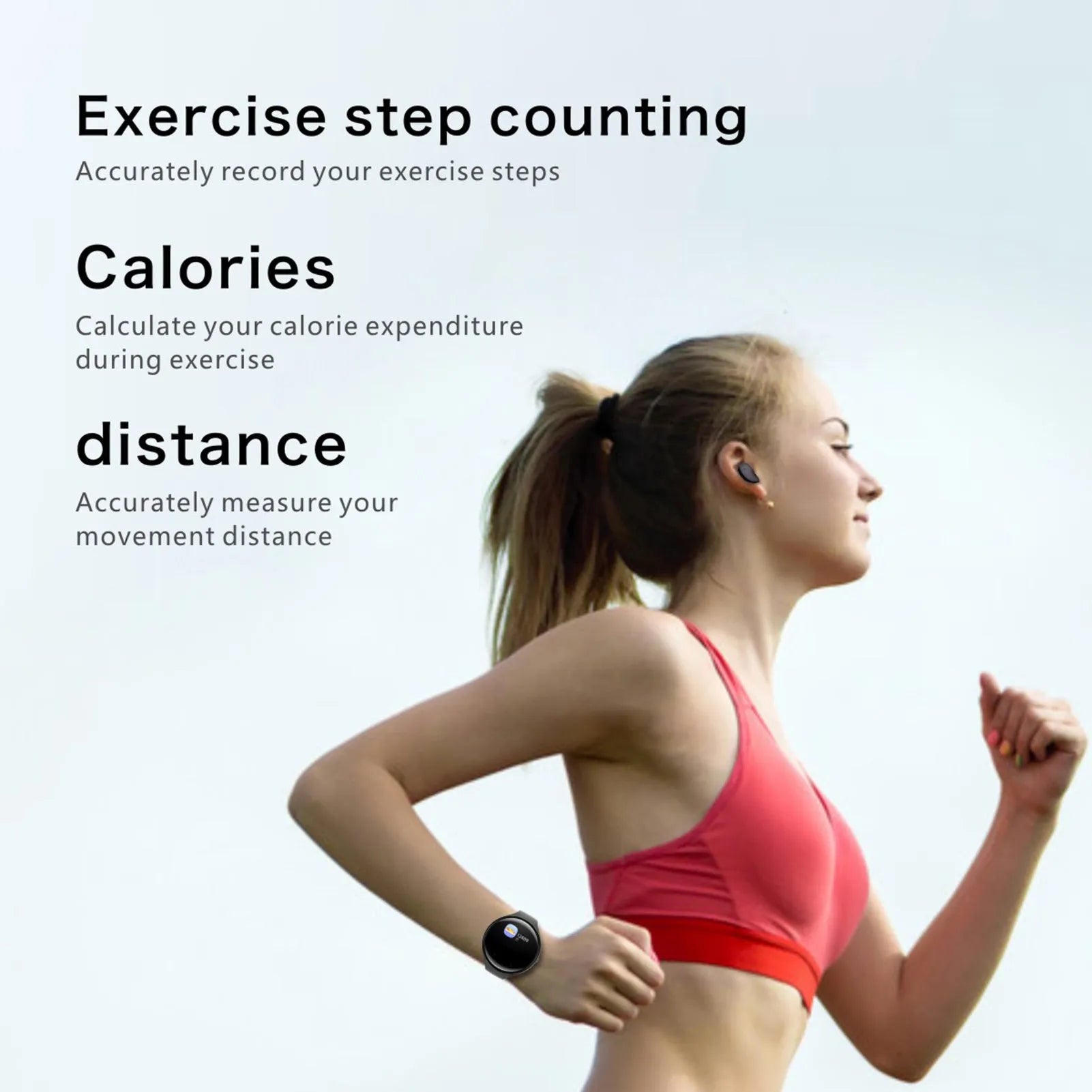 Black smart bracelet with detachable wireless earphones showing colour screen display