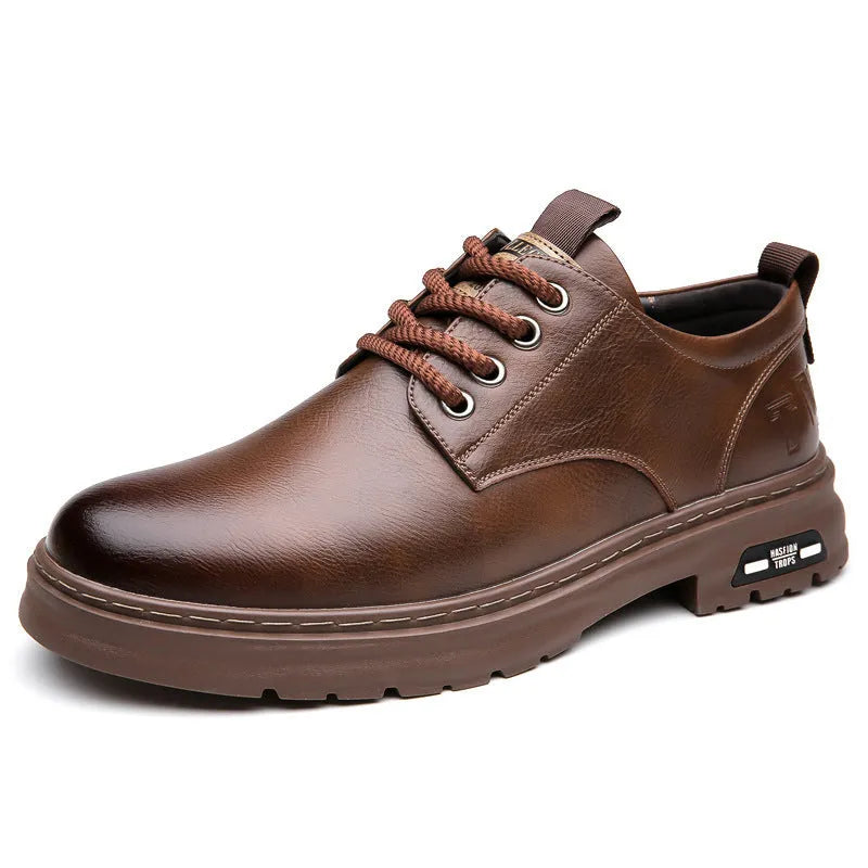 Men's retro casual shoes in black or brown with artificial PU upper, leather sole, and round toe