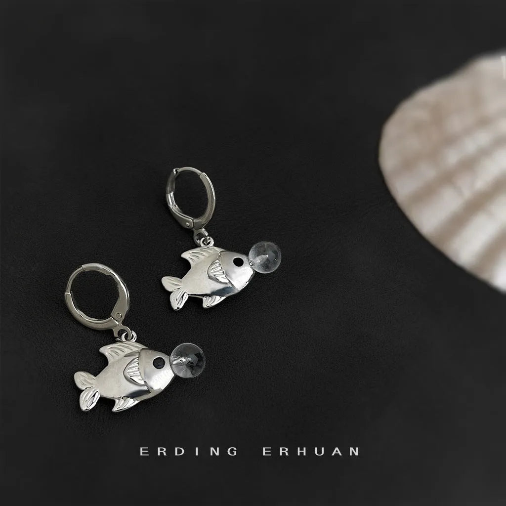 Bubble fish design copper earrings with goldfish animal modelling and electroplated finish