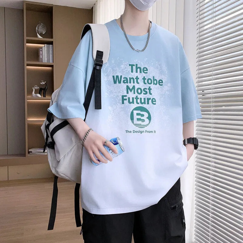 Boys printed cotton blend T-shirt in dark blue with Jacquard design and drop shoulders.