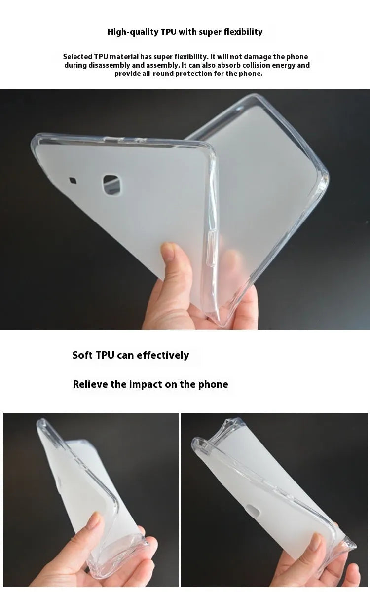 Clear transparent white silicone and TPU ultra-thin tablet protective case laid flat.