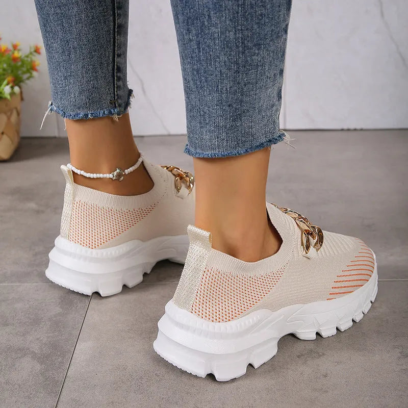Women's beige breathable fly weaving mesh slip-on shoes with EVA sole and chunky heel