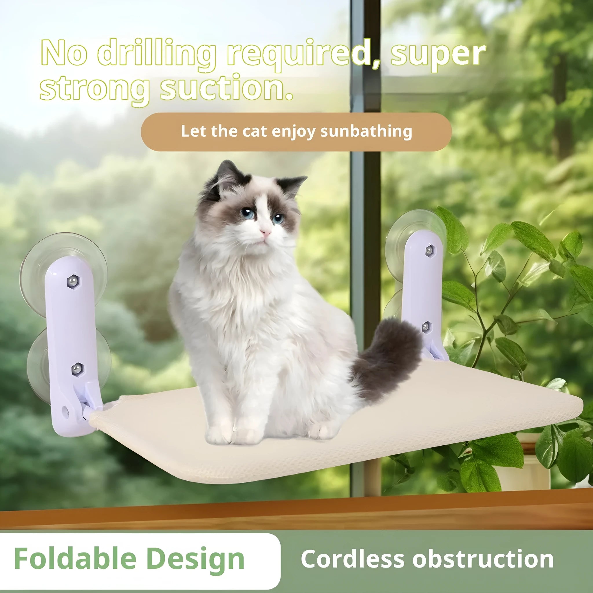 Cat hammock window suction cup hanging perch with mesh washable cover in beige or gray