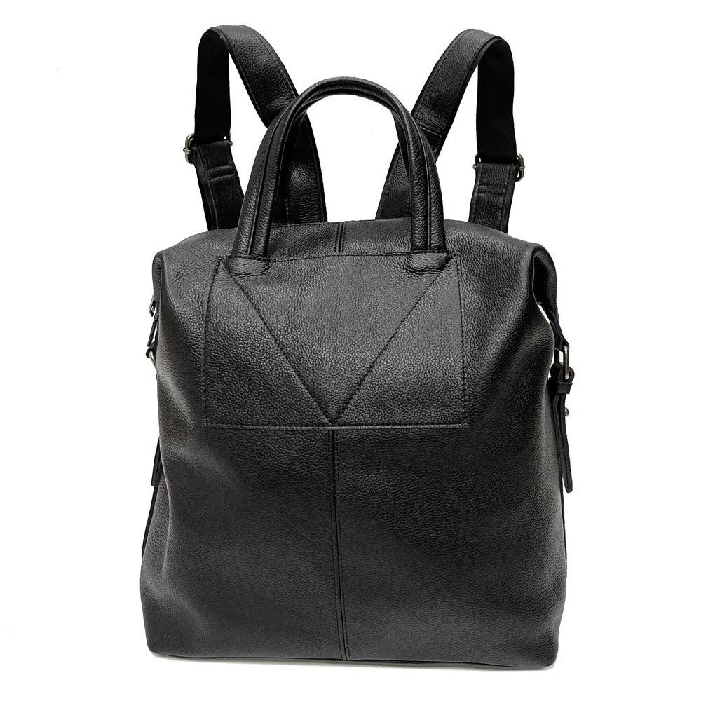 Universal black first layer cowhide leather backpack with polyester lining, stitching details, below 20L capacity