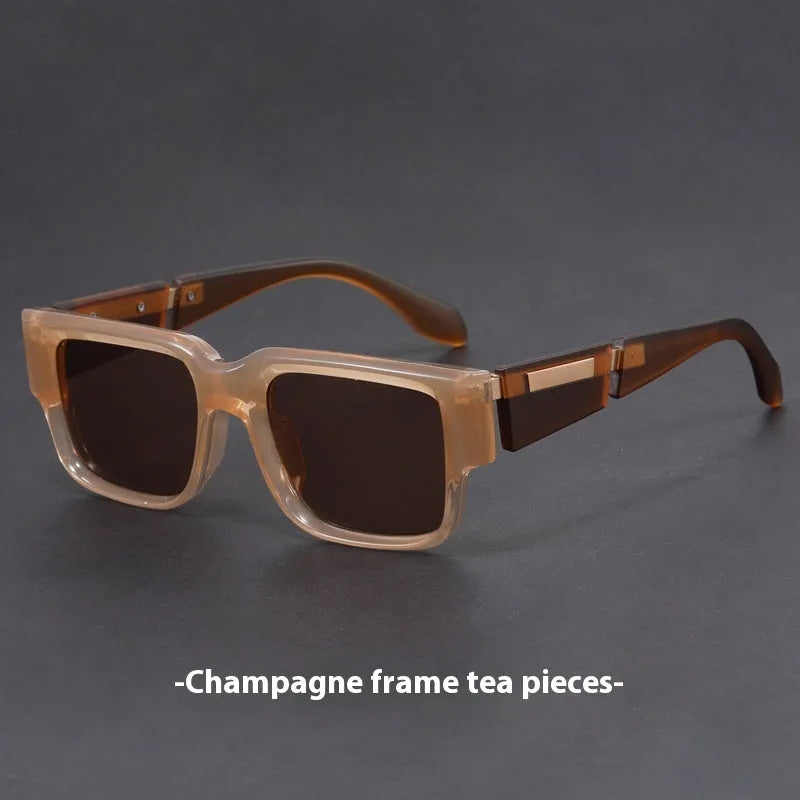 Square sunglasses with thick grey blue frames and UV-protective lenses