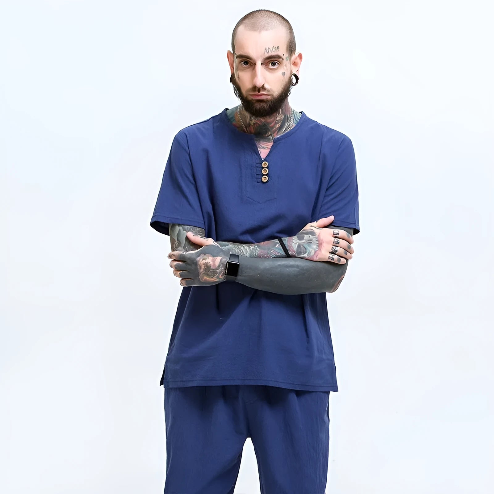 Men's loose cotton and linen T-shirt in apricot colour showing short sleeves and pullover style