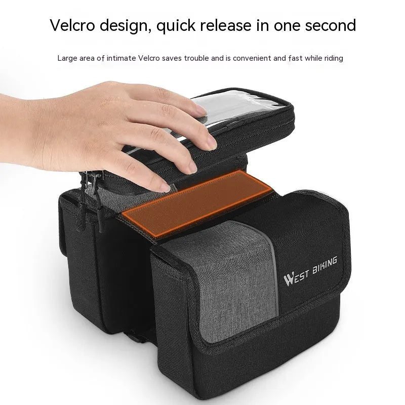 Black and grey bilateral tube touch screen saddle bag with 2L capacity mounted on bicycle