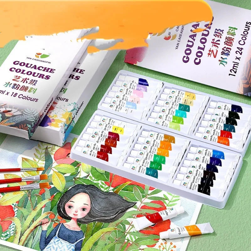Children's gouache paint set with 12 colours in 12ml tubes and painting brushes