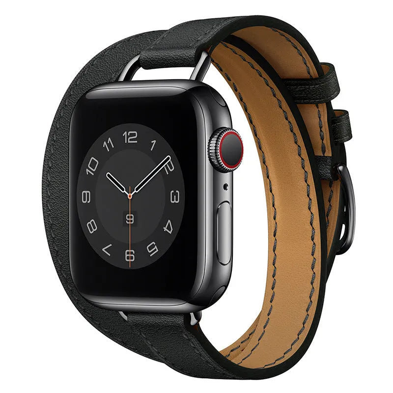 Double circle slim cowhide leather strap for Apple Watch 38-45mm in black finish
