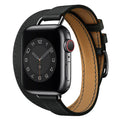Double circle slim cowhide leather strap for Apple Watch 38-45mm in black finish