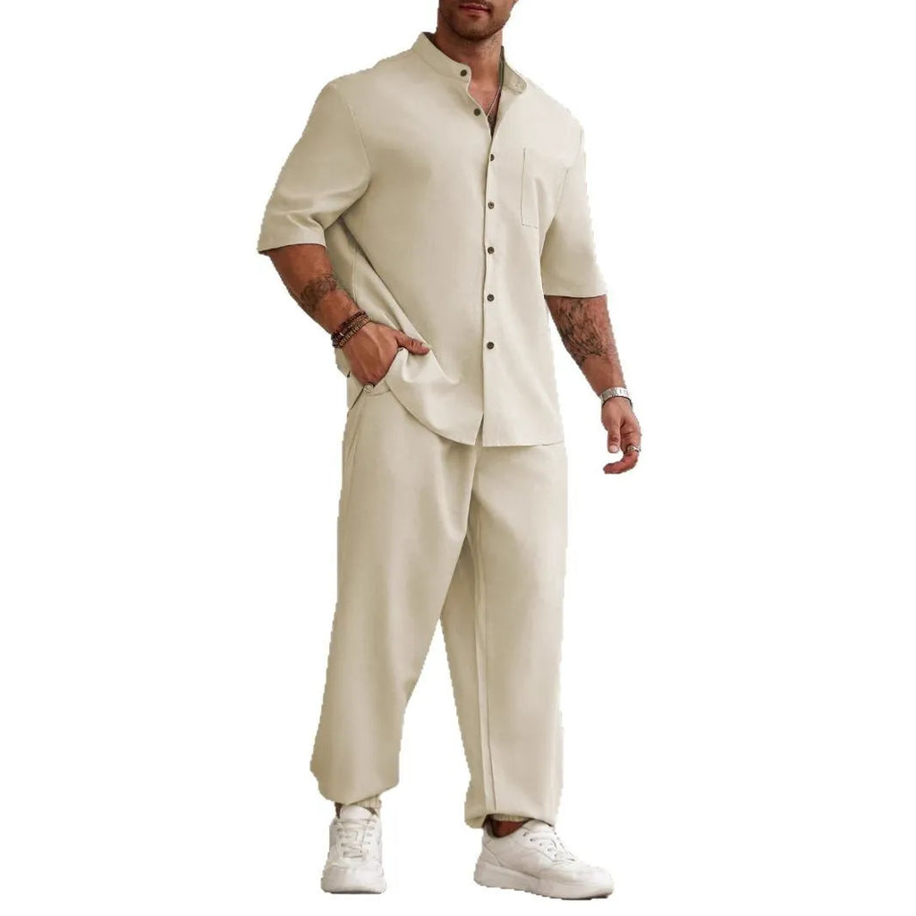 Men's apricot cotton linen short-sleeved shirt and trouser casual set laid flat