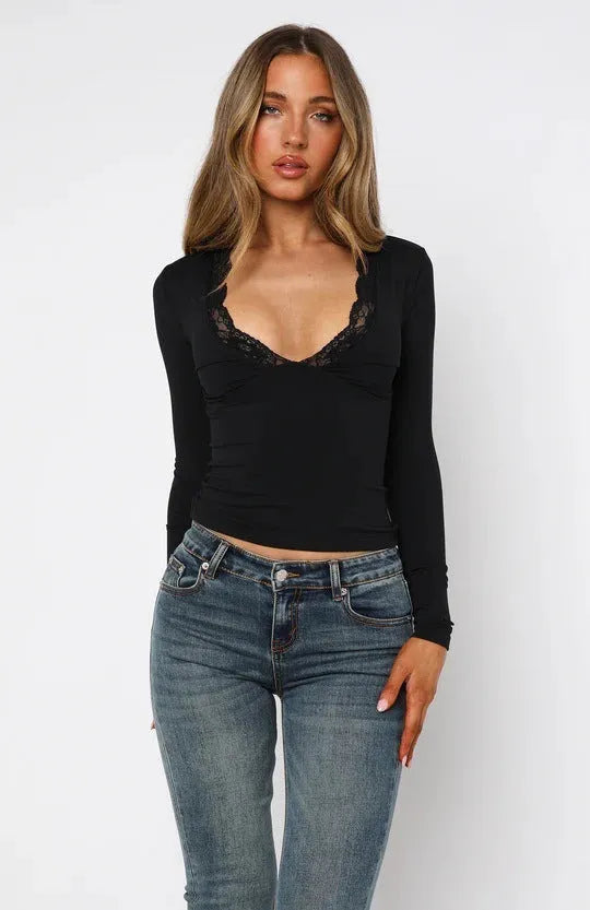 Slim-fit women's long sleeve top with lace floral detailing in black or wine red colours