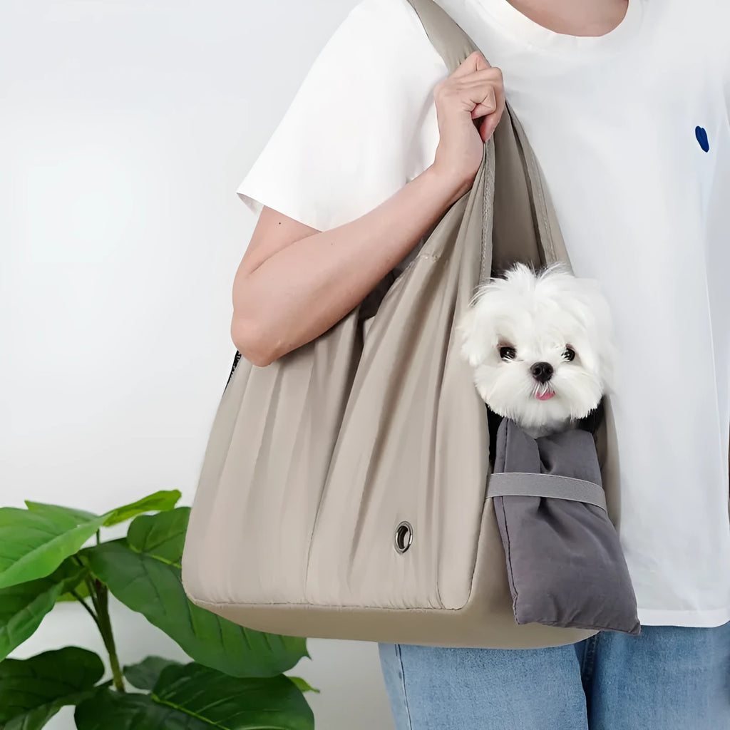 Apricot cloth pet summer handbag with adjustable strap, dimensions 41x16x28cm.