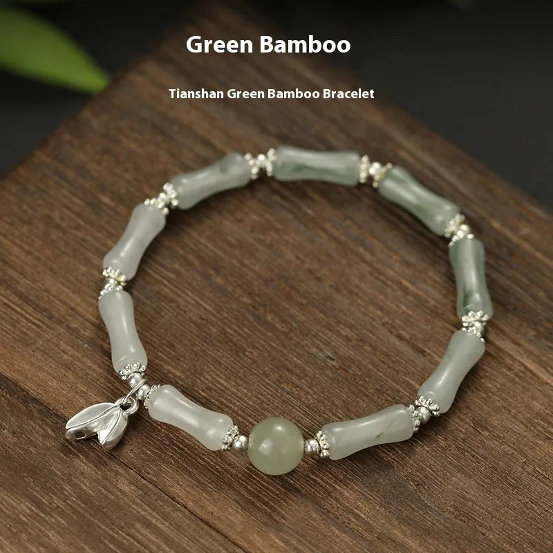 Handmade women's bracelet with Tianshan green bamboo and sterling silver in antique style
