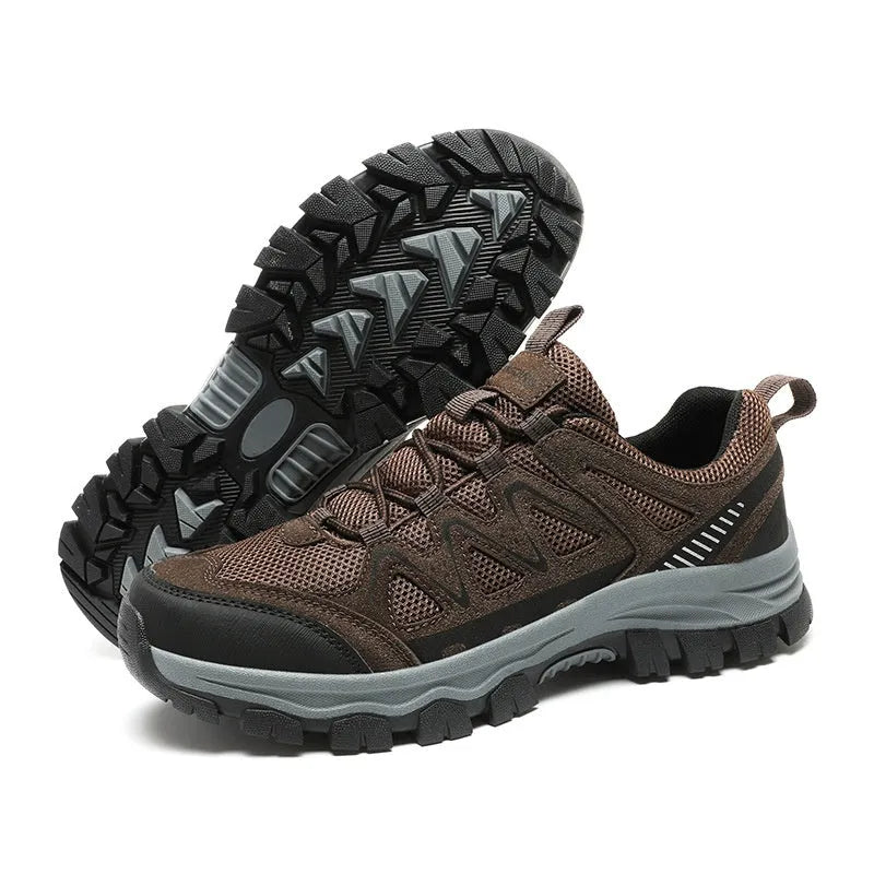 Men's black hiking shoes with low heel, breathable microfiber upper, and wear-resistant sole for camping and running