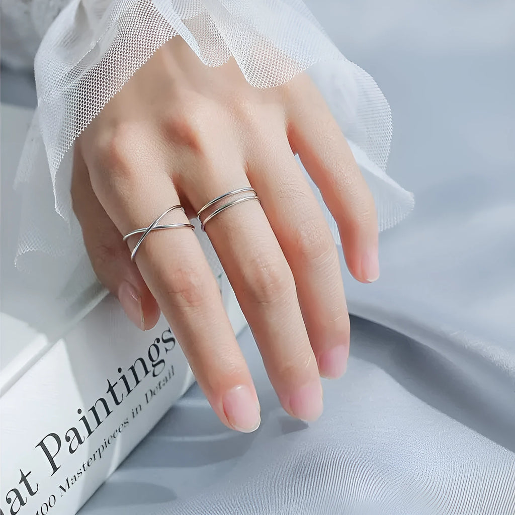Silver plated geometric cross ring for women with adjustable opening