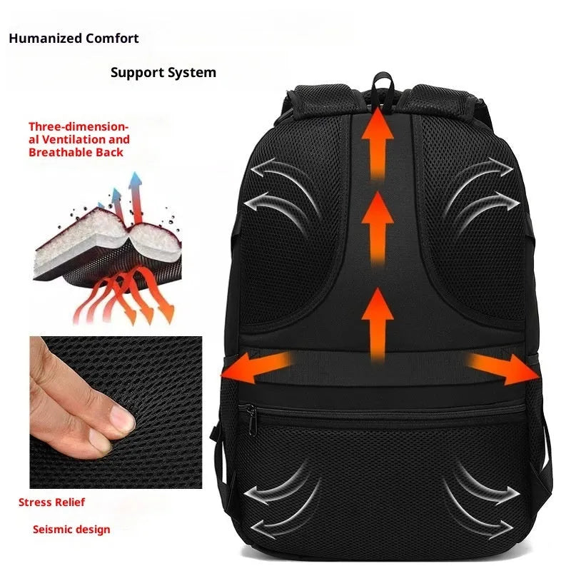 Outdoor men's casual sports backpack in black Oxford cloth with stitching detail and curved shoulder strap