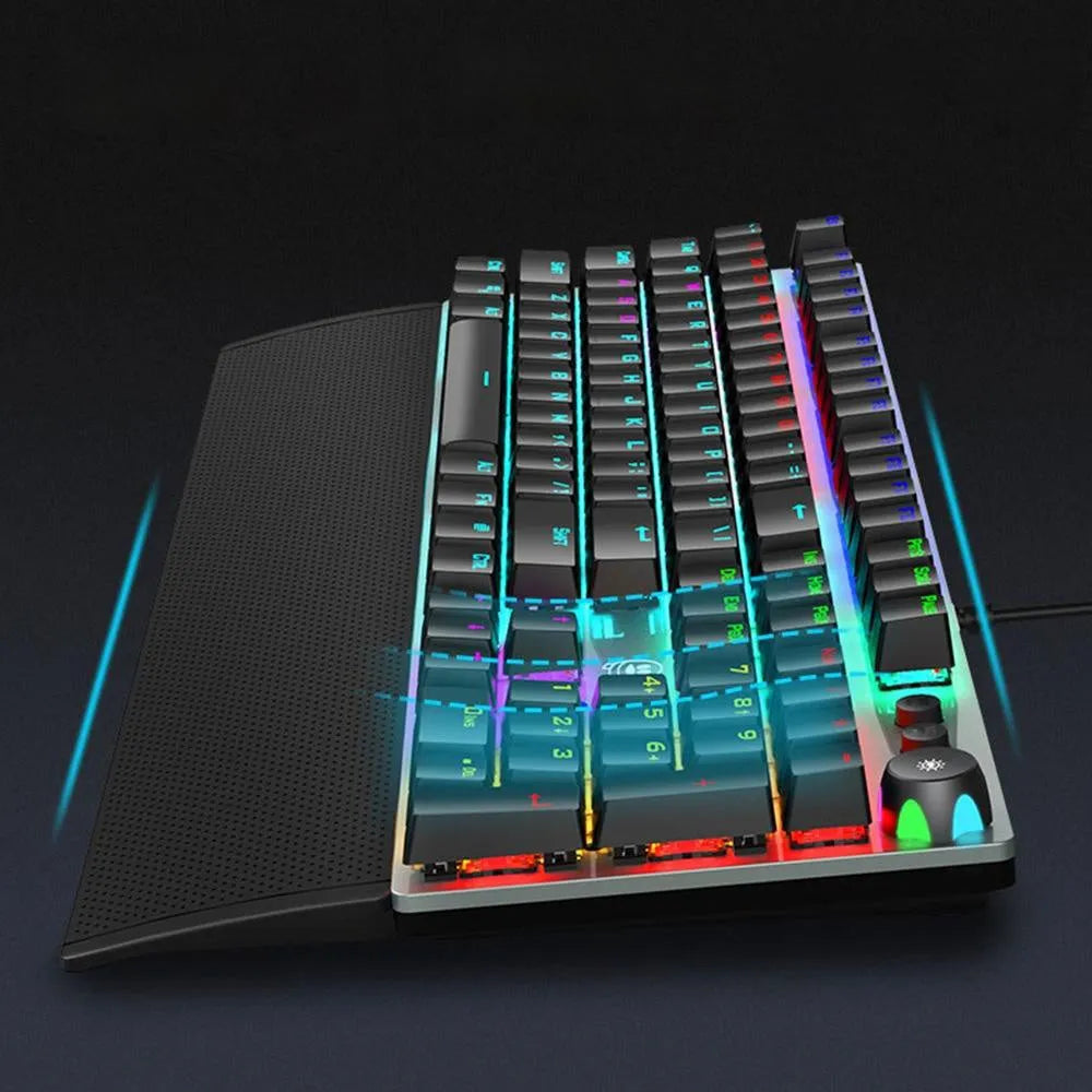 Rainforest Tarantula 95-key wired USB mechanical film gaming keyboard in magic colour, shown with or without hand rest