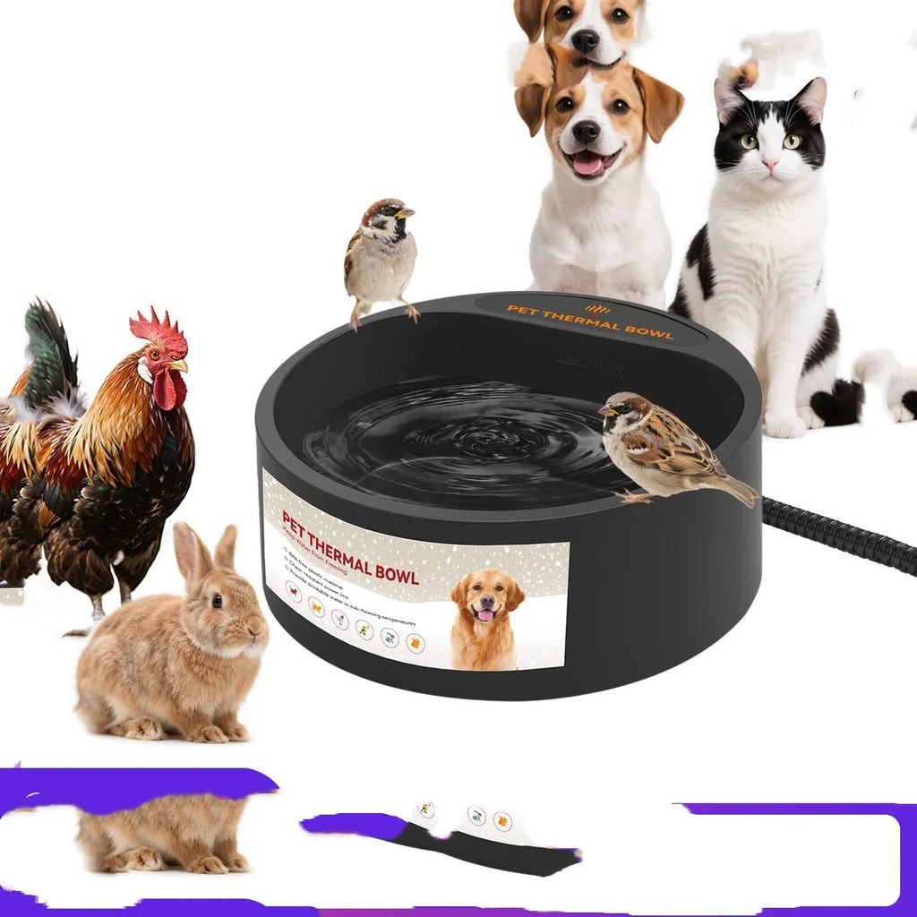 Black ABS plastic heated feeding bowl for cats and dogs with constant temperature control.
