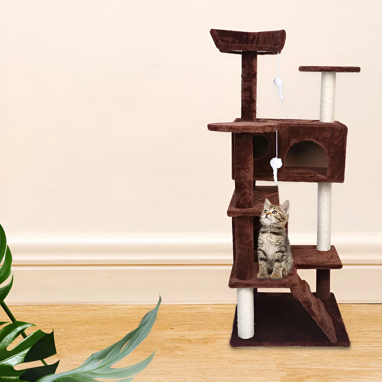 Luxury Villa cat climbing frame with sisal posts, density board platforms, and plush cloth, 50x50x137cm, colour CBQ013.