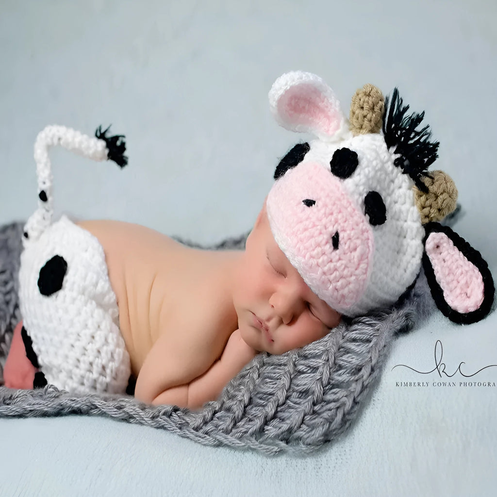 Hand-knitted white baby cow suit with hat and trousers for a newborn.