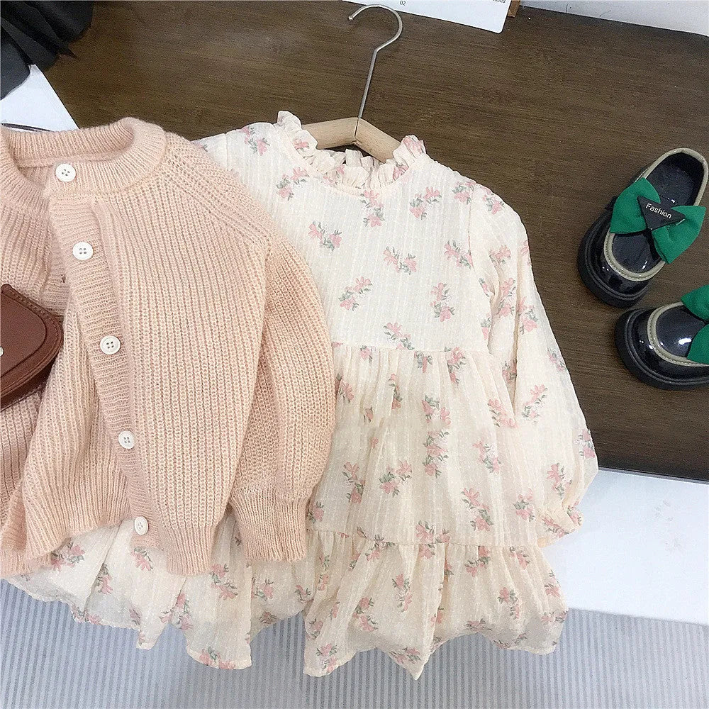 Girls' pink mohair puff sleeve knitted cardigan and orange chiffon dress set, Korean style, sizes 90cm to 140cm
