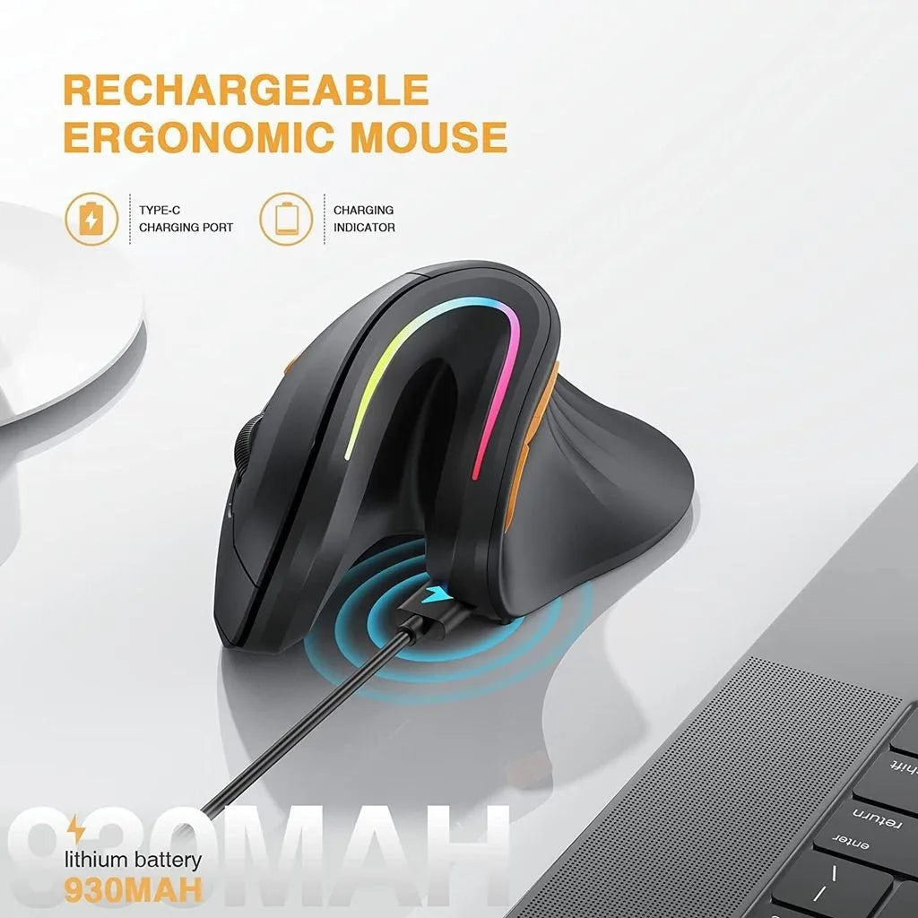 Black vertical ergonomic Bluetooth mouse with RGB lighting on office desk