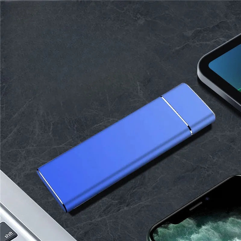 Sapphire blue portable solid state external hard drive with USB cable