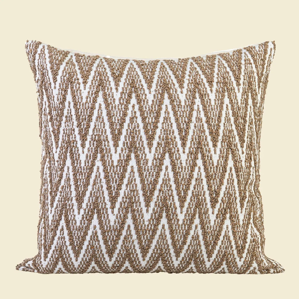 Chinese Ancient Style square pillow cushion on a sofa in a Maillard colour pattern.