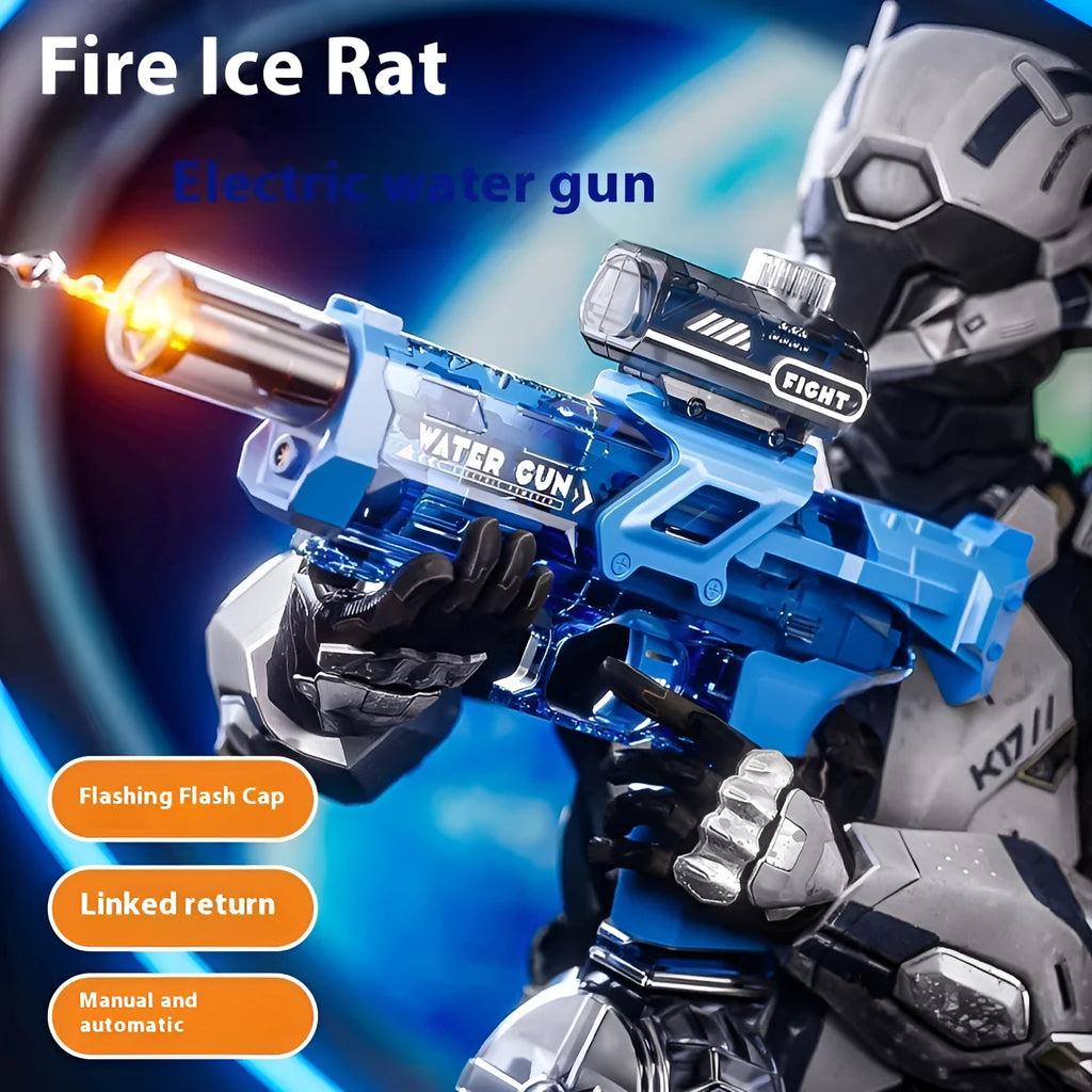 Electric water gun toy in blue and black with continuous pulse feature