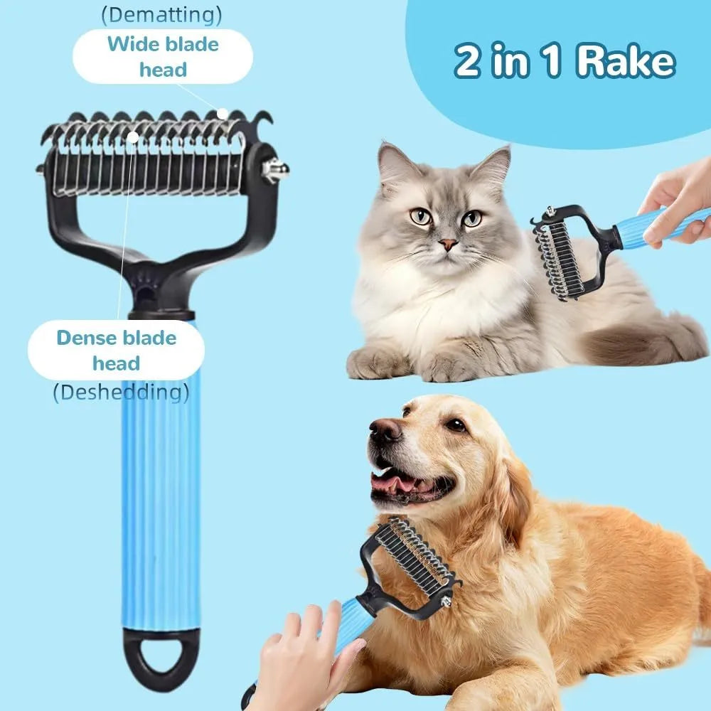 Double-sided stainless steel dematting comb for dogs and cats in blue or pink, large or small size