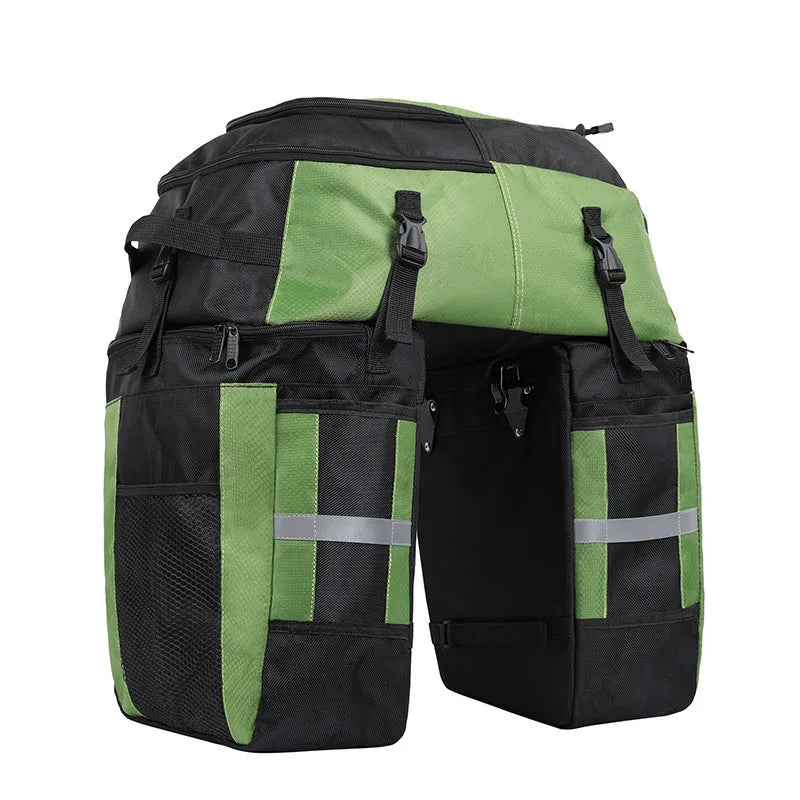 Rhinoceros 70L bicycle rear storage bag in green colour with three-in-one mounting system for touring