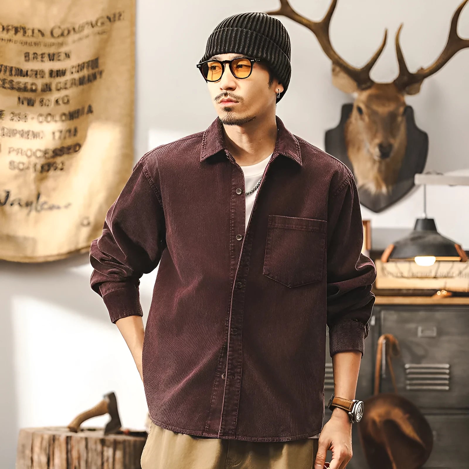 Men's loose-fit black corduroy shirt jacket with long sleeves