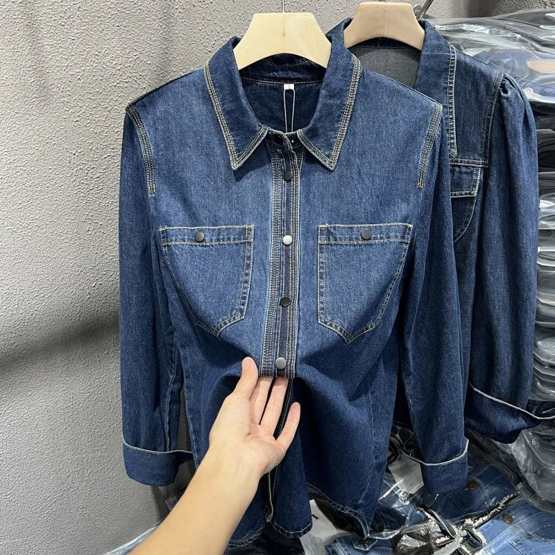 Layered retro denim top for women, long sleeves, polyester, available in sizes S to 2XL