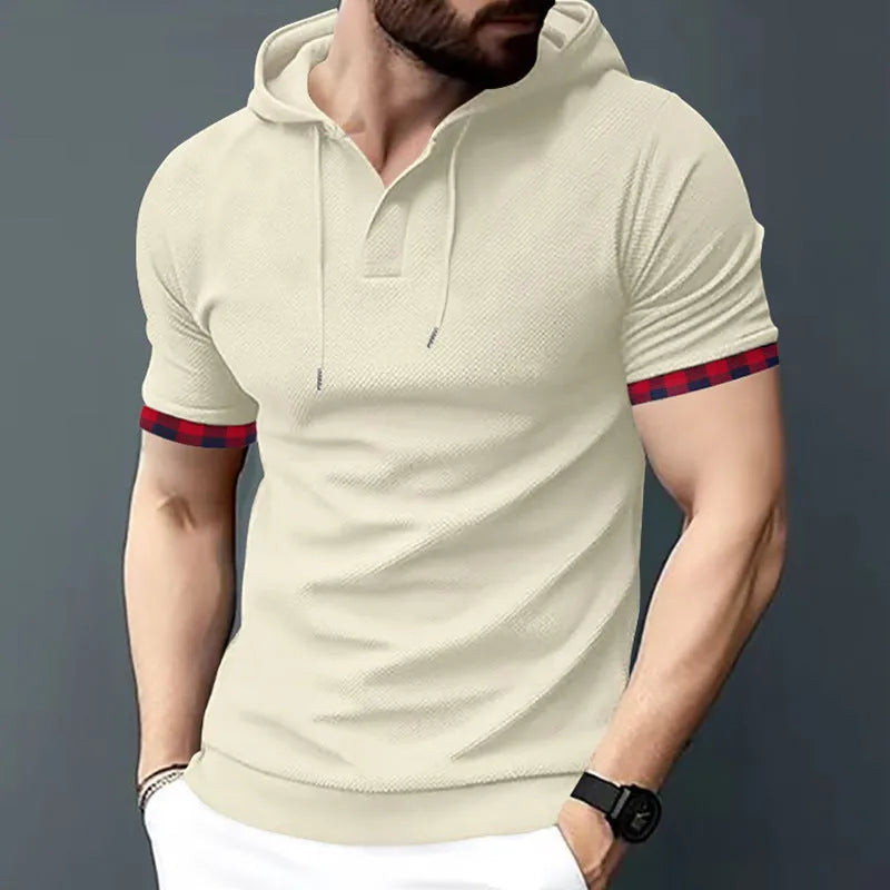 Men's short sleeve sport casual hooded top in solid colour polyester blend – shown in royal blue on a male model.