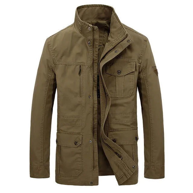 Men's cotton stand collar mid-length multi-pocket jacket in dark blue and khaki